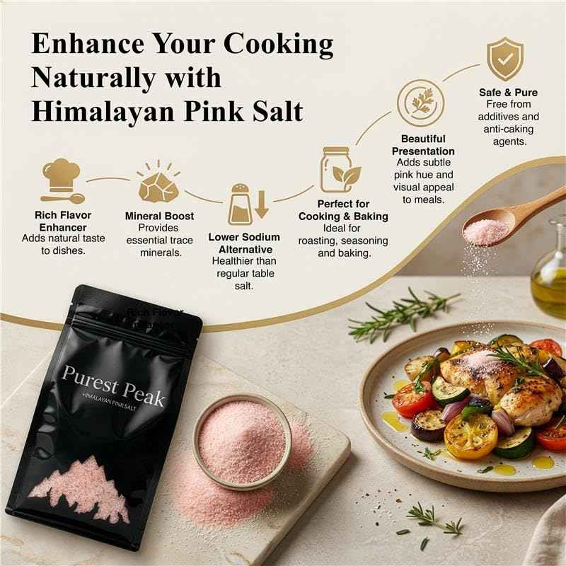 Purest Peak Fine Grain Himalayan Pink Salt – Pure Gourmet Food Grade Chef Salt, Fine Grain Sea Salt, Natural Rock Salt, Kosher, Vegan, and Gluten Free