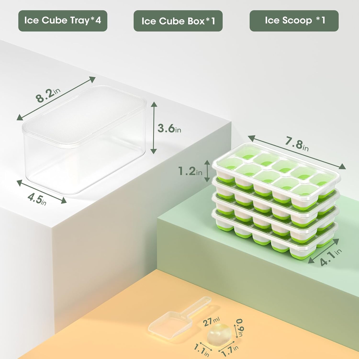 DOQAUS Ice Cube Tray with Lid and Bin - 4 Pack Silicone Ice Cube Trays for Freezer, Stackable Ice Bucket Kits with Storage Container & Scoop for Kitchen