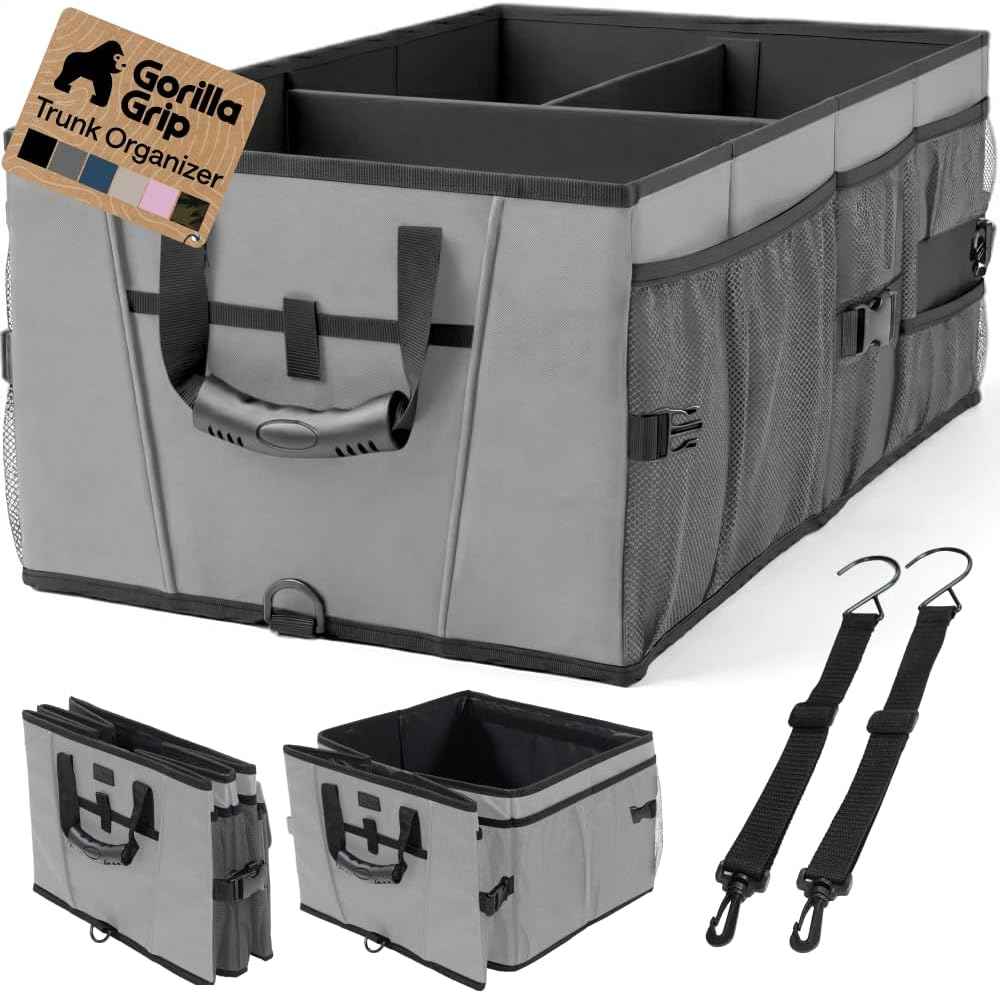 GORILLA GRIP Trunk Organizer for SUV and Cars, Large Capacity Collapsible Car Trunk Storage Organizer, Heavy Duty Car Accessories, Gifts for Mom and Dad, Slip & Water Resistant Multi Compartment