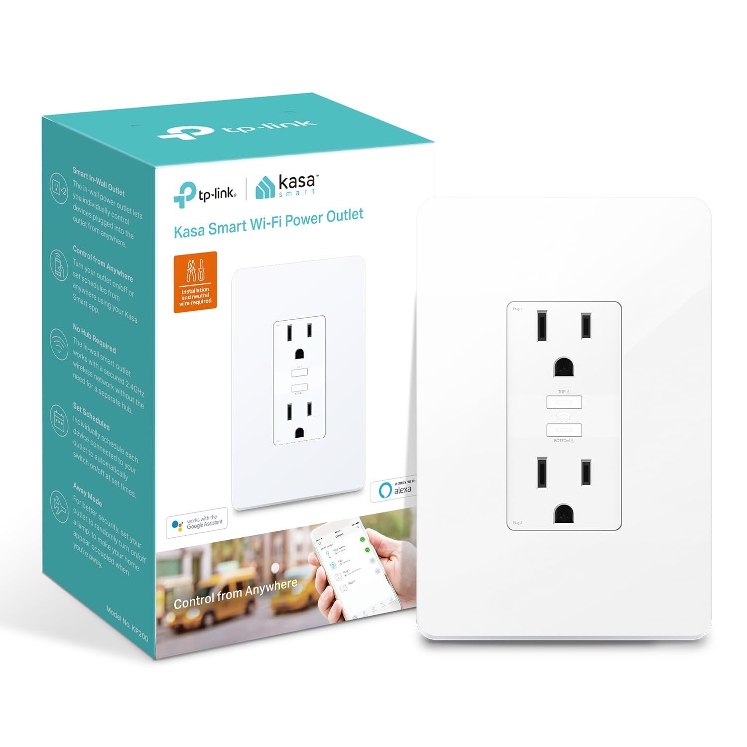 Kasa Smart Plug KP200, In-Wall Smart Home Wi-Fi Outlet Works with Alexa, Google Home, No Hub Required, Remote Control, ETL Certified , White, 1 Pack