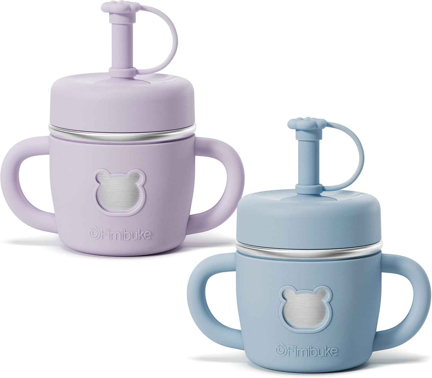Fimibuke Sippy Cups for Toddlers, 10 OZ Spill Proof Kids Cup, Leak Proof Stainless Steel Tumbler with Handle, Silicone Straw & Sleeve, BPA Free Dishwasher Safe Girl Boy Kids Water Bottle, 2 Packs
