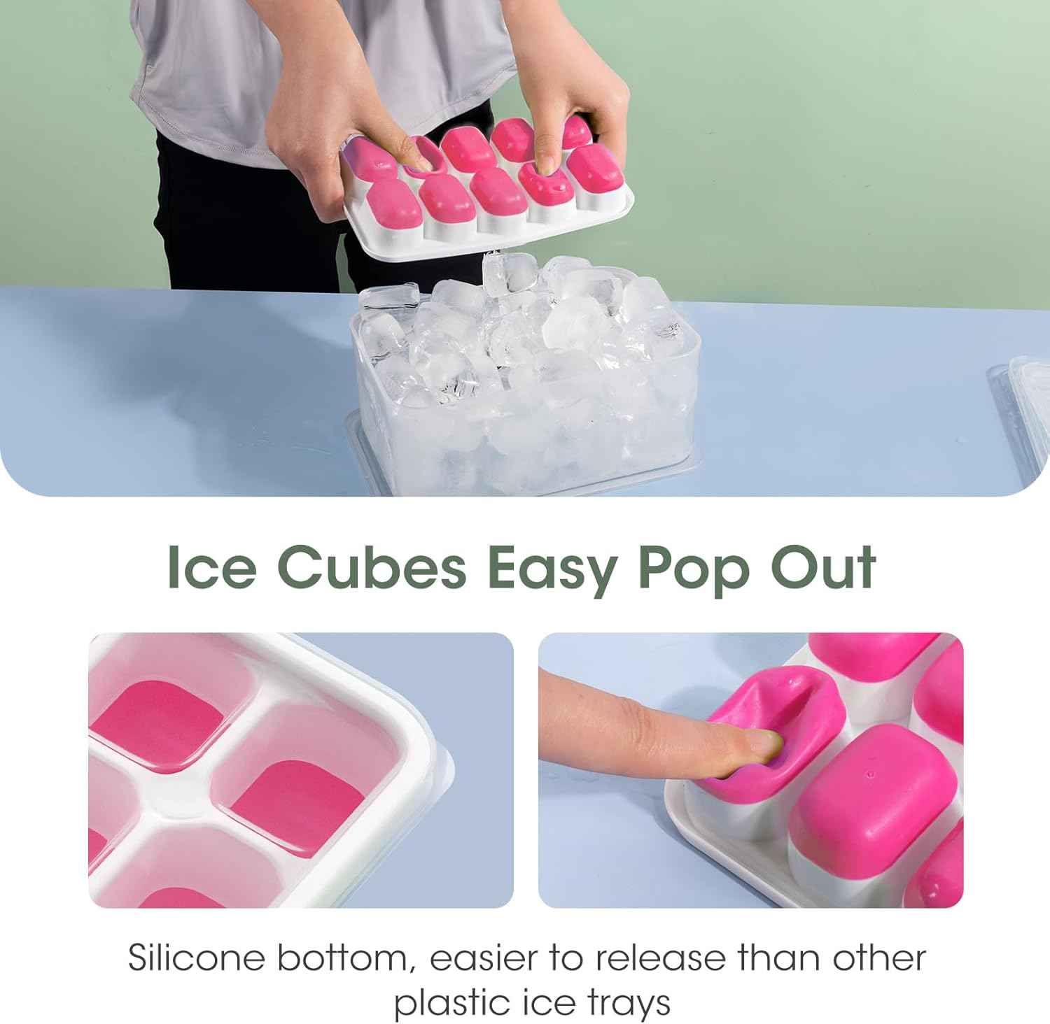 DOQAUS Ice Cube Tray with Lid and Bin - 4 Pack Silicone Ice Cube Trays for Freezer, Stackable Ice Bucket Kits with Storage Container & Scoop for Kitchen