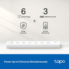 Tapo Smart Wi-Fi Power Strip, Matter, P316M, Energy Monitoring | Surge Protection, 6 Individually Controlled Outlets & 3 USB Ports, Works with Alexa, Google Assistant, Siri & Bixby