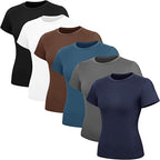 TNNZEET 6 Pack Womens Shirts - Short Sleeve Slim Fit Tight Crop Tops Spring Summer Clothes Basic Tees for Workout Gym Casual