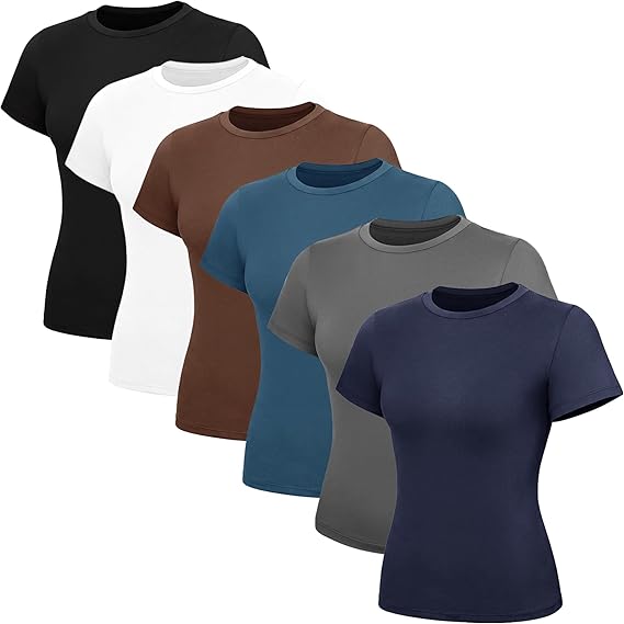 TNNZEET 6 Pack Womens Shirts - Short Sleeve Slim Fit Tight Crop Tops Spring Summer Clothes Basic Tees for Workout Gym Casual