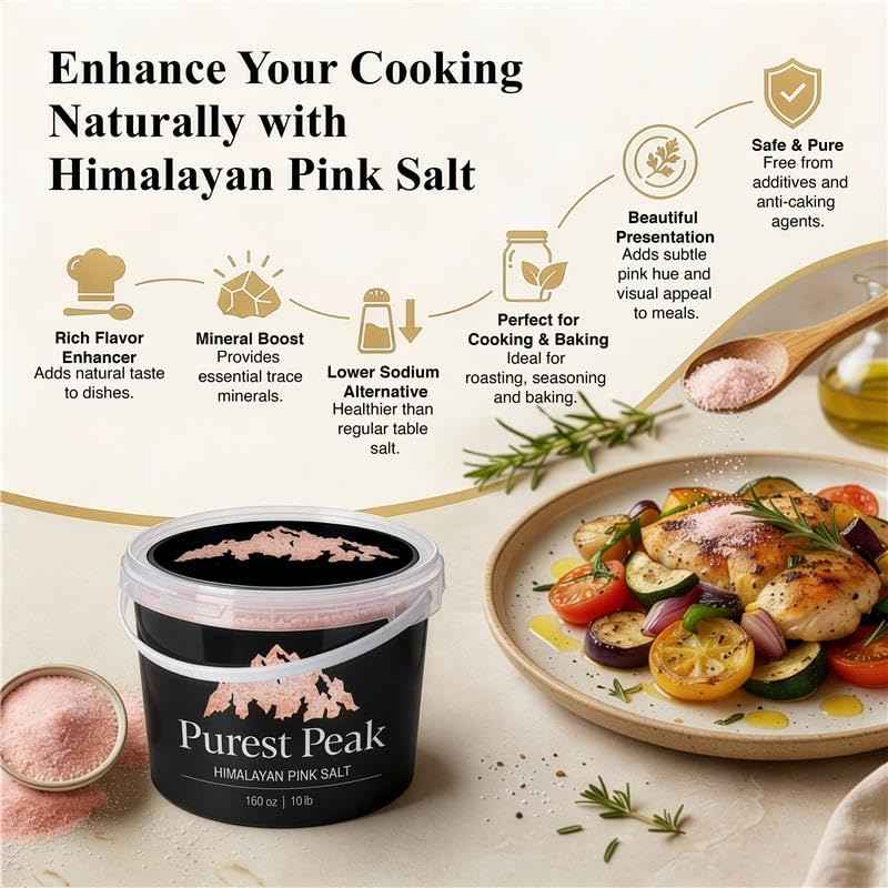 Purest Peak Fine Grain Himalayan Pink Salt, 10 LBS Bucket – Pure Gourmet Food Grade Chef Salt, Fine Grain Sea Salt, Natural Rock Salt, Kosher, Vegan, and Gluten Free