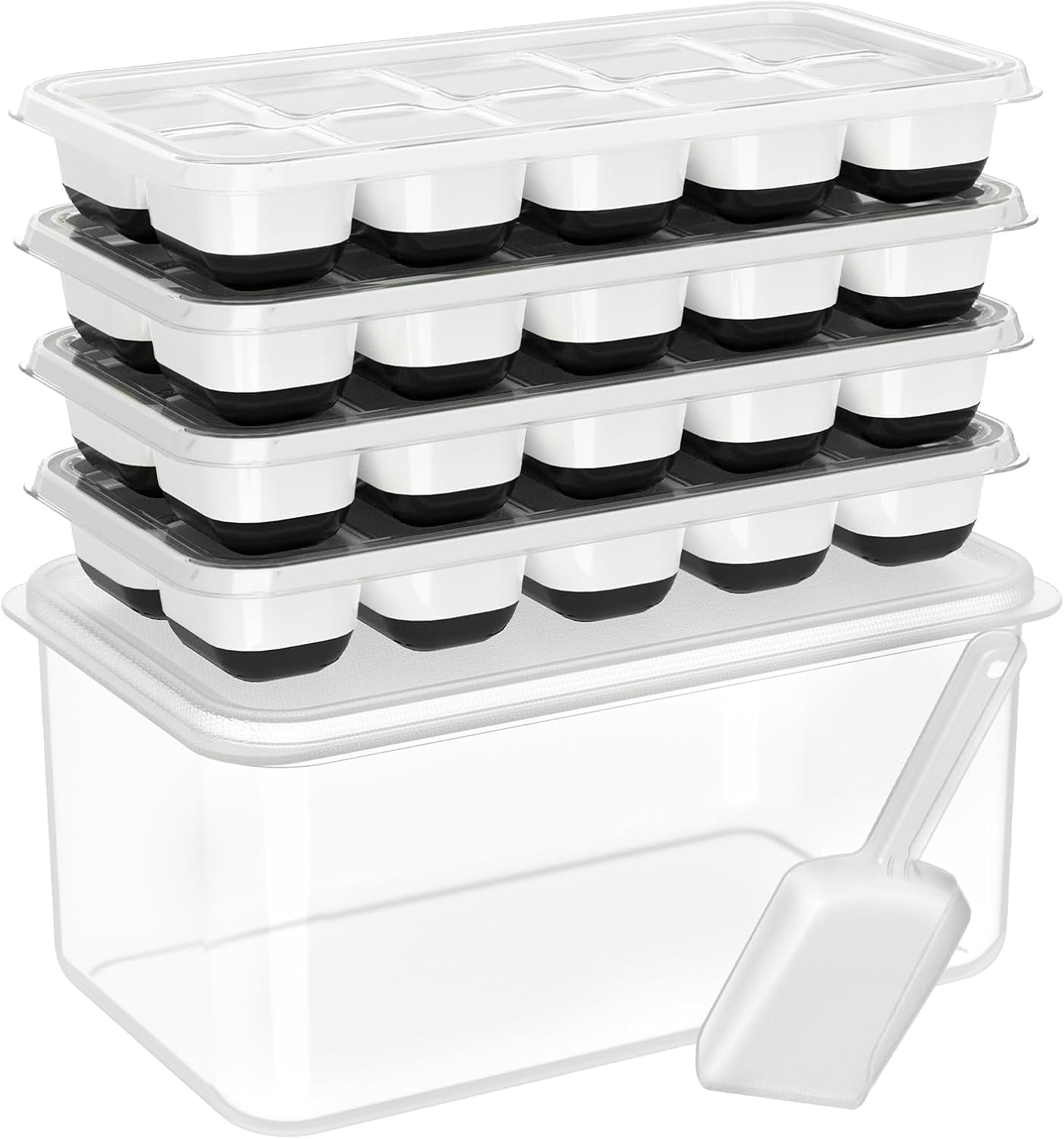 DOQAUS Ice Cube Tray with Lid and Bin - 4 Pack Silicone Ice Cube Trays for Freezer, Stackable Ice Bucket Kits with Storage Container & Scoop for Kitchen