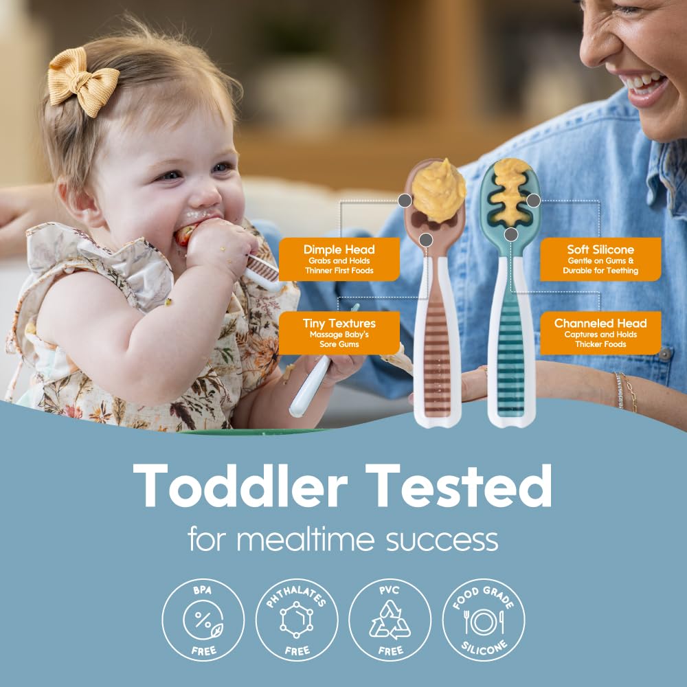 NumNum Baby Spoons Set, Feeding Littles x Silicone Pre-Spoon GOOtensils for Baby Led Weaning, Self-Feeding & Teething, First Stage Toddler Utensils for Ages 6+ Months, 3-Pack, BPA-Free (Neutrals)