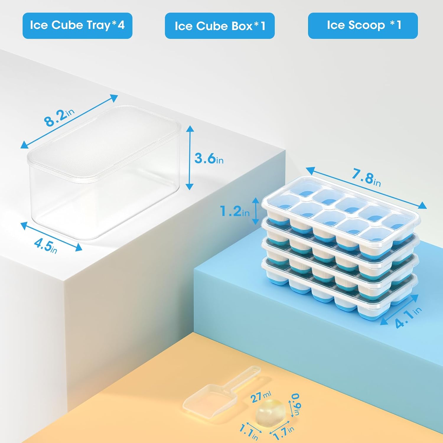 DOQAUS Ice Cube Tray with Lid and Bin - 4 Pack Silicone Ice Cube Trays for Freezer, Stackable Ice Bucket Kits with Storage Container & Scoop for Kitchen