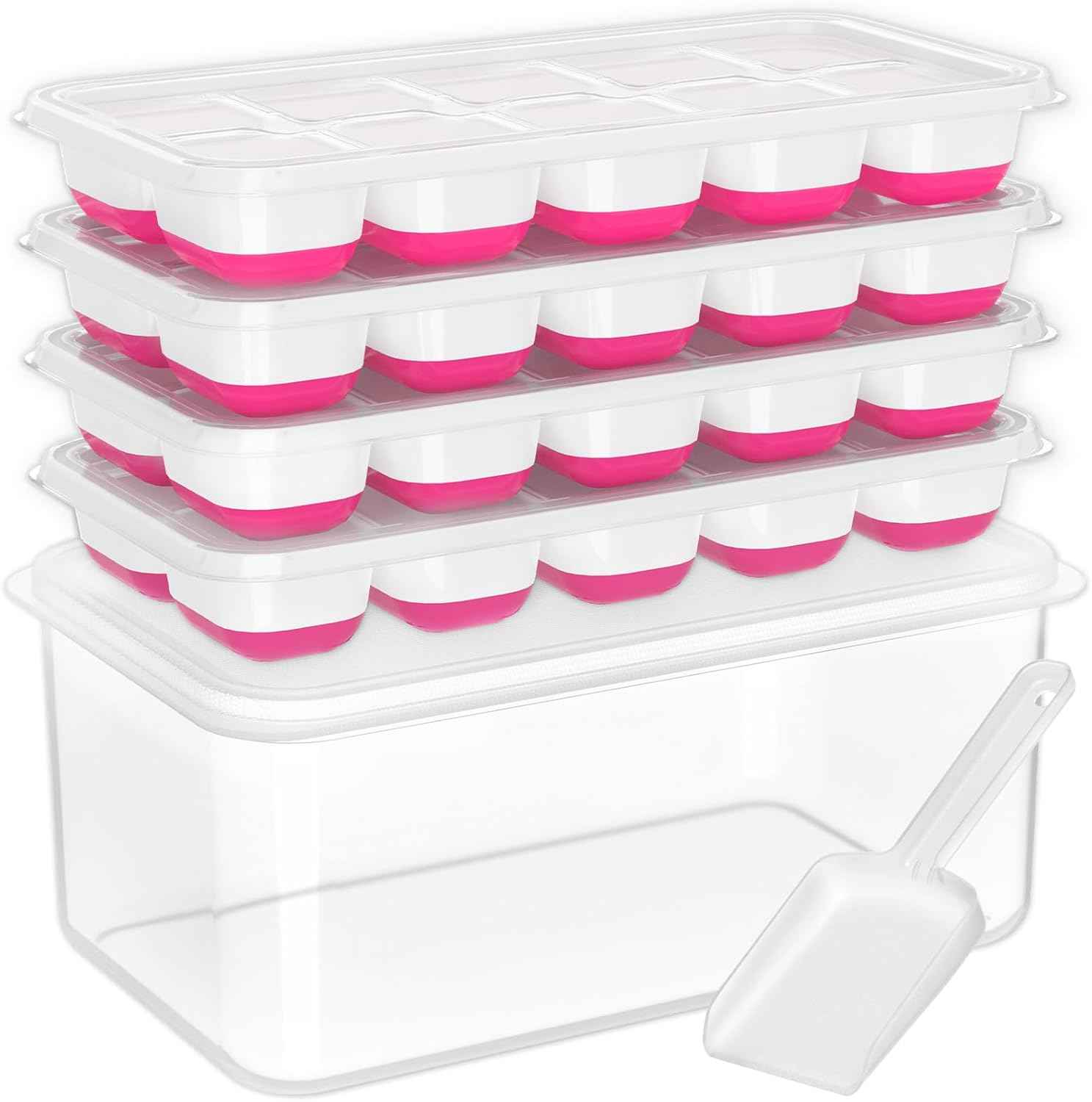 DOQAUS Ice Cube Tray with Lid and Bin - 4 Pack Silicone Ice Cube Trays for Freezer, Stackable Ice Bucket Kits with Storage Container & Scoop for Kitchen