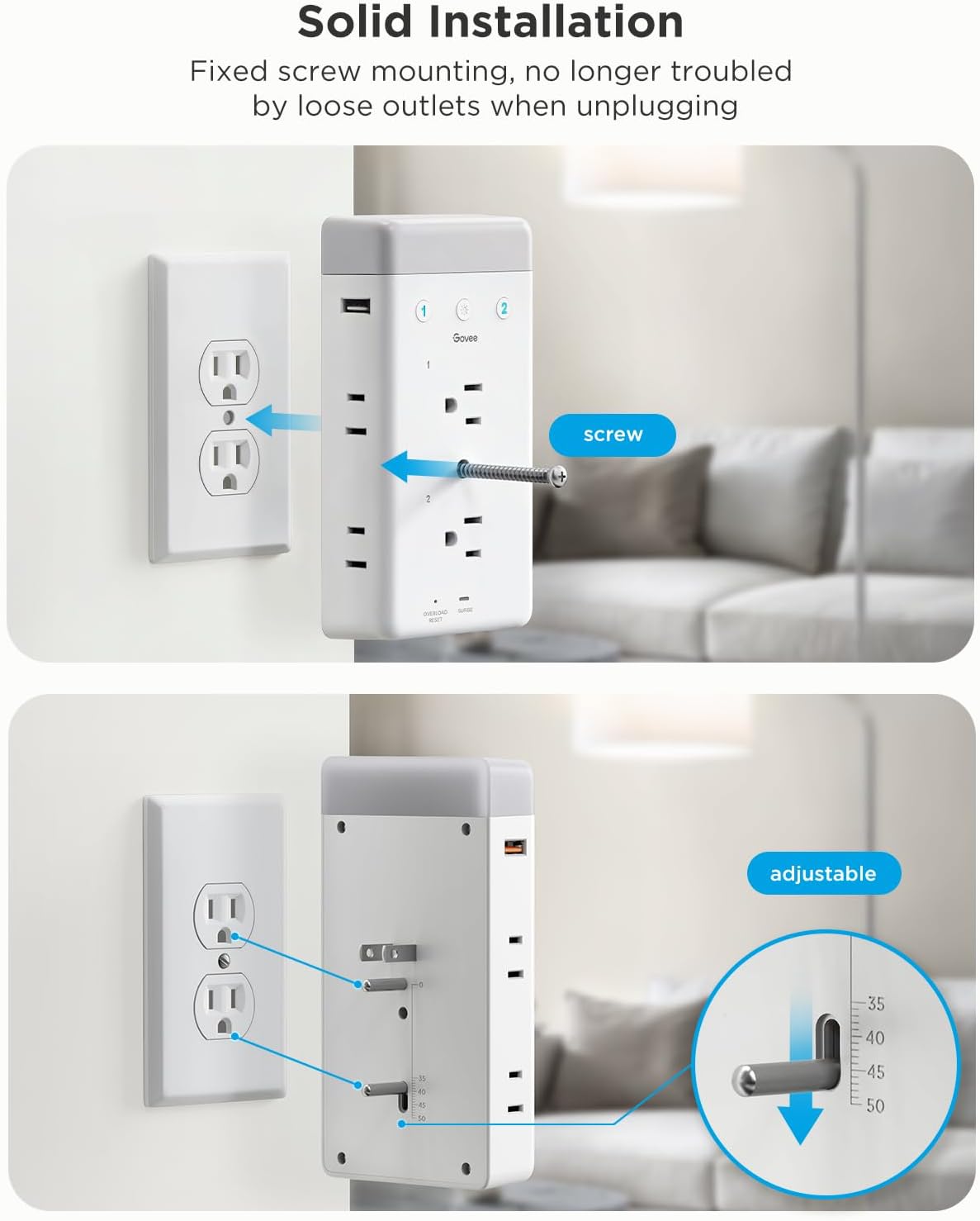 Govee Smart Plug Outlet Extender, 3-Sided Power Strips with RGB Night Light | Power Strips with 2 Smart Outlets & 2 USB Ports, APP and Voice Control, Surge Overload Protection for Home Office