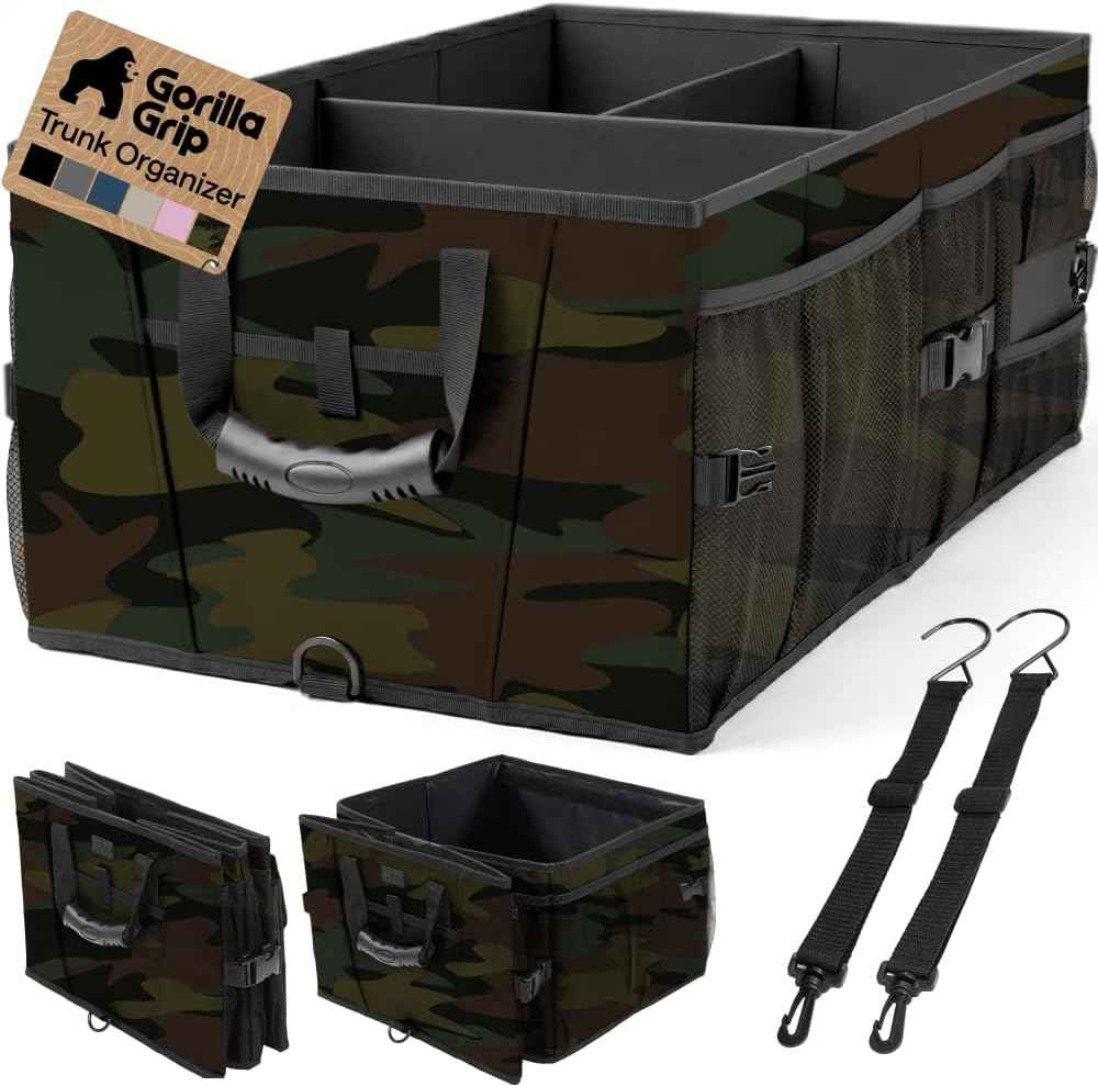 GORILLA GRIP Trunk Organizer for SUV and Cars, Large Capacity Collapsible Car Trunk Storage Organizer, Heavy Duty Car Accessories, Gifts for Mom and Dad, Slip & Water Resistant Multi Compartment
