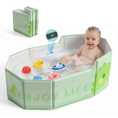 Orzbow Collapsible Baby Bathtub with Temperature Sticker, Portable Toddler Bathtub with Side Drain Plug, Travel Baby Bath Tub for 6 Months+, Easy to Clean, Stable & Durable, Folds to Store, Green