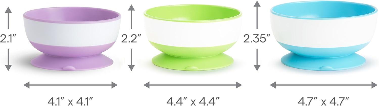 Munchkin Stay Put Suction Bowls for Baby and Toddler, 3 Pack, Blue/Green/Purple