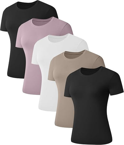 Kinglaman 1/5 Pack Women's Short Sleeve Basic T Shirts Tees Slim Fit Tops | Soft plain fabric, Trendy 2026 basic, Crew neck tees, Fitted summer casual workouts