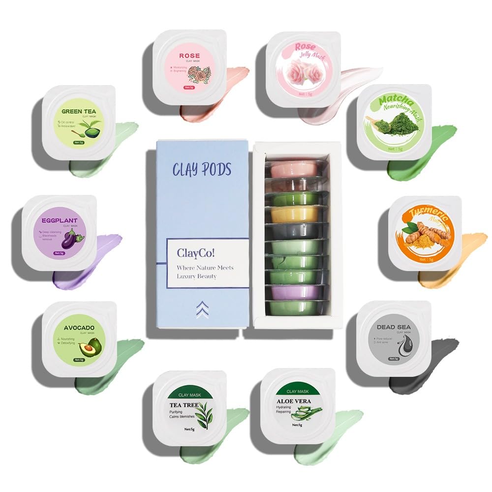 ClayCo! 10 Piece Clay Mask Variety Kit for Men & Women Facial and Skin Care, Clay Face Mask Set (Rose, Dead Sea, Green Tea, Aloe Vera, 24K Gold)