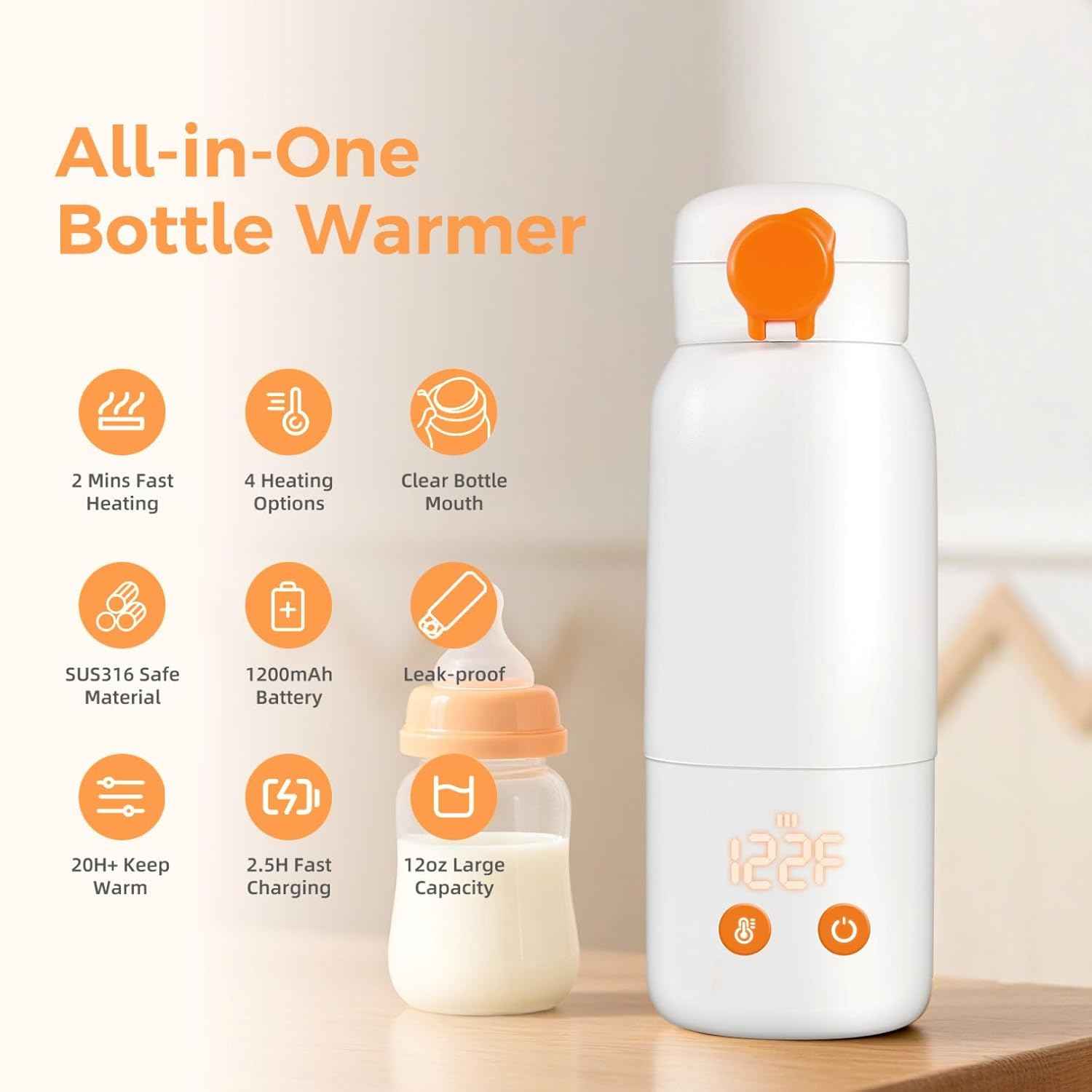 Portable Bottle Warmer for Travel, 12oz Large Capacity Fast Heating, 4 Levels Precise Temperature Control, Long Battery Life, Rechargeable Formula Water Milk Warmer for Car, Airplane & Outdoor Use