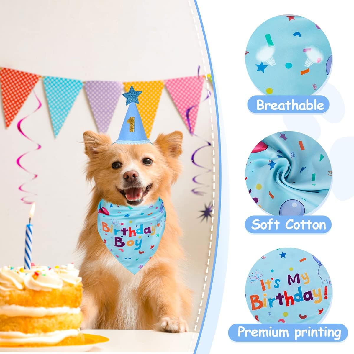 Dog wearing a blue birthday-themed bandana with a cake and candle in the background