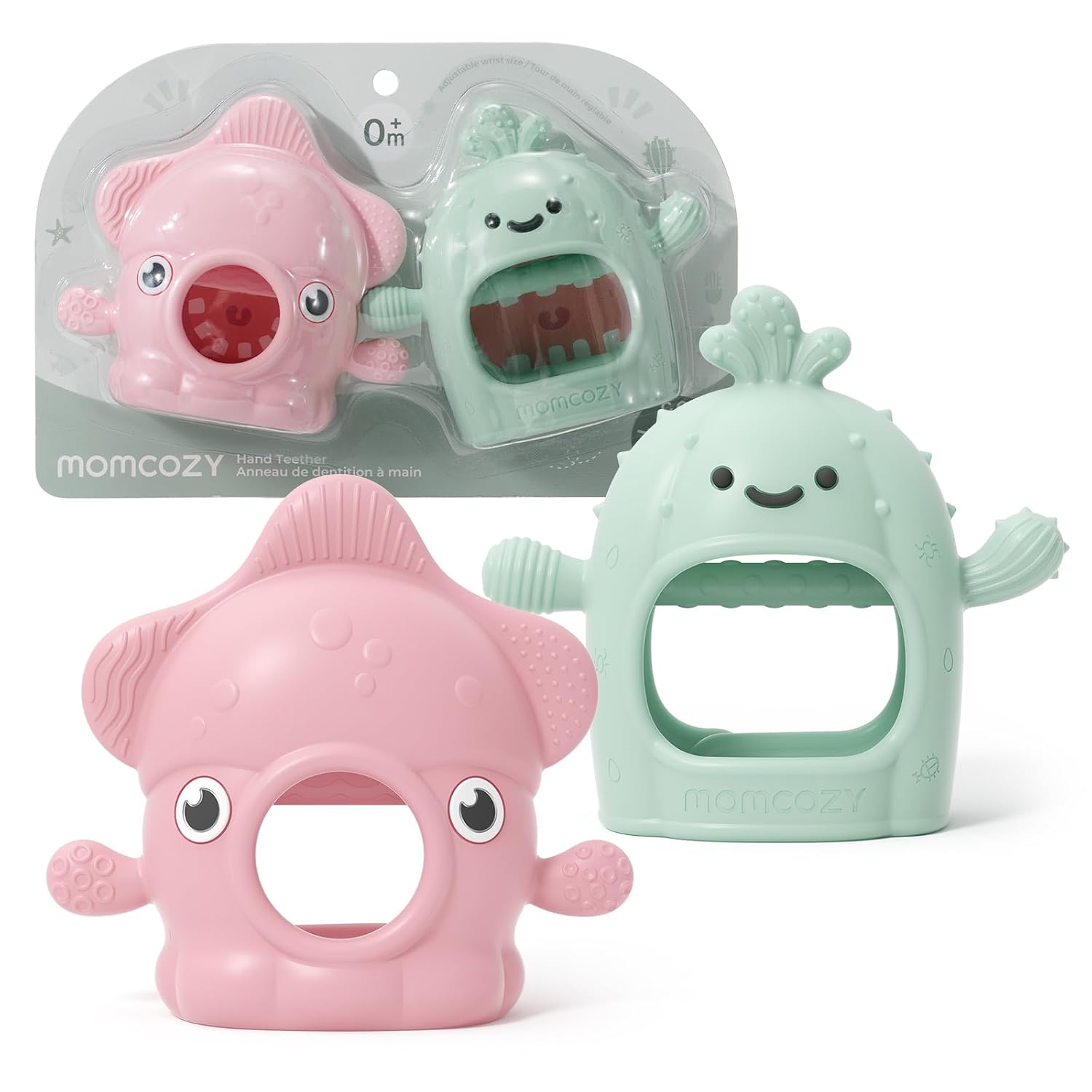 Momcozy 2 Pack Baby Teething Toys, Food Grade Silicone Baby Teethers for 0–12 Months, Baby Teether Mitten Wrist Teether Set, Easy Grip Teething Relief with Multiple Chew Points