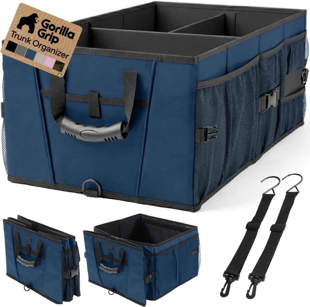 GORILLA GRIP Trunk Organizer for SUV and Cars, Large Capacity Collapsible Car Trunk Storage Organizer, Heavy Duty Car Accessories, Gifts for Mom and Dad, Slip & Water Resistant Multi Compartment