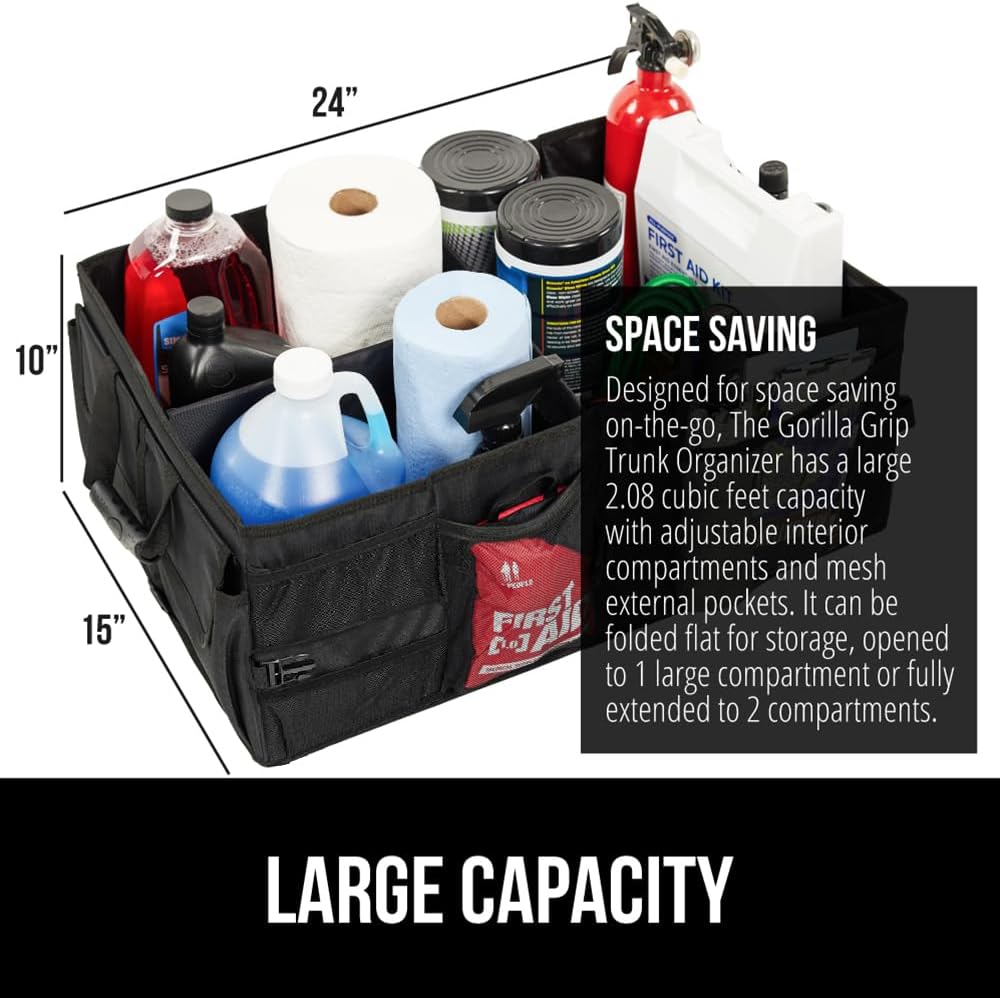 GORILLA GRIP Trunk Organizer for SUV and Cars, Large Capacity Collapsible Car Trunk Storage Organizer, Heavy Duty Car Accessories, Gifts for Mom and Dad, Slip & Water Resistant Multi Compartment