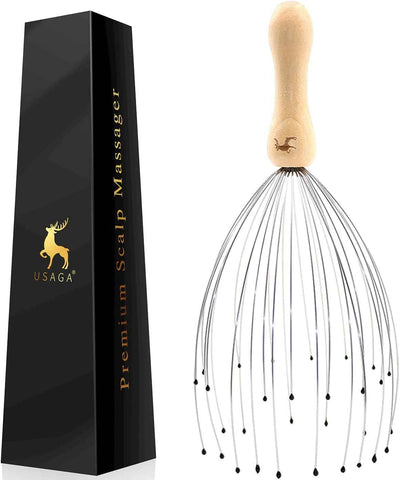 USAGA 32 Fingers Head Massager, Head Scratcher Scalp Massager, Stocking Stuffers Gift for Scalp Body Relaxing Wood Handle (1 Pack)