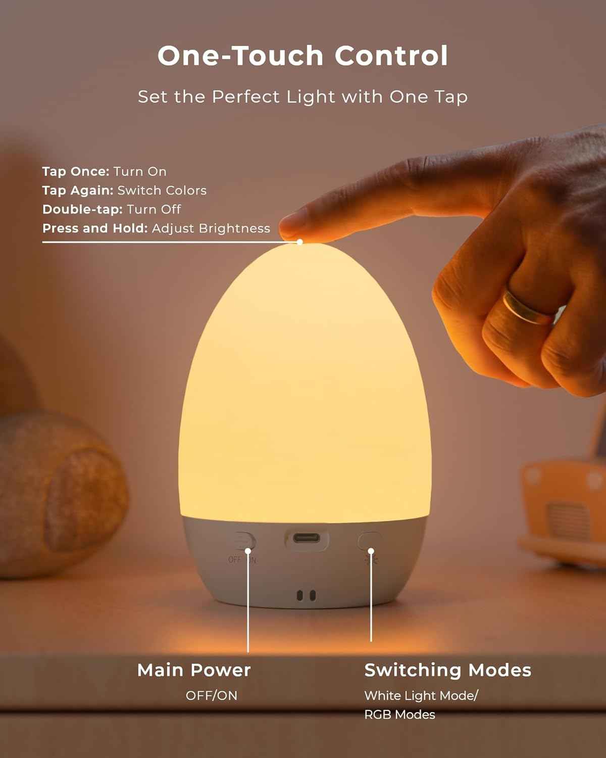 Egg Light for Nursery, Eye-Caring Touch Control Rechargeable Baby Night Light with 17 Color Modes, Dimmable Night Feeding Egg Light for New Parents & Kids Bedroom