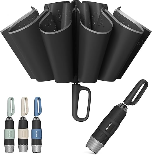 QWB Inverted Umbrella with Carabiner Handle, Compact Wind Proof Umbrellas For Rain and Sun Protection, Portable Reverse Folding Umbrella, Car Umbrella for Women Men, 10 Ribs
