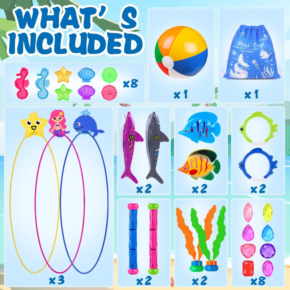 YUJUN Pool Diving Swimming Toys, Summer Underwater Game Toys with Pool Fishes Dive Sticks Rings Gems Storage Bag for Kids Swim Birthday Party Favors