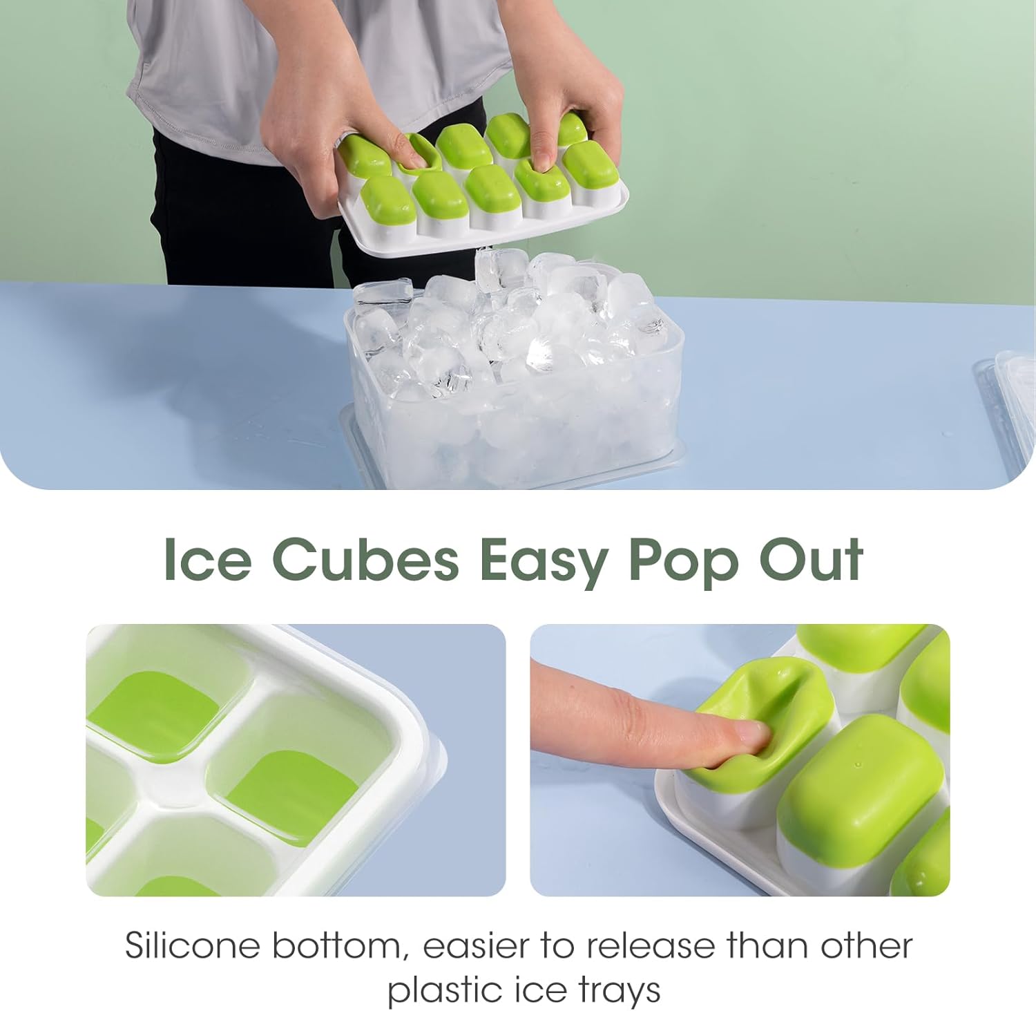 DOQAUS Ice Cube Tray with Lid and Bin - 4 Pack Silicone Ice Cube Trays for Freezer, Stackable Ice Bucket Kits with Storage Container & Scoop for Kitchen