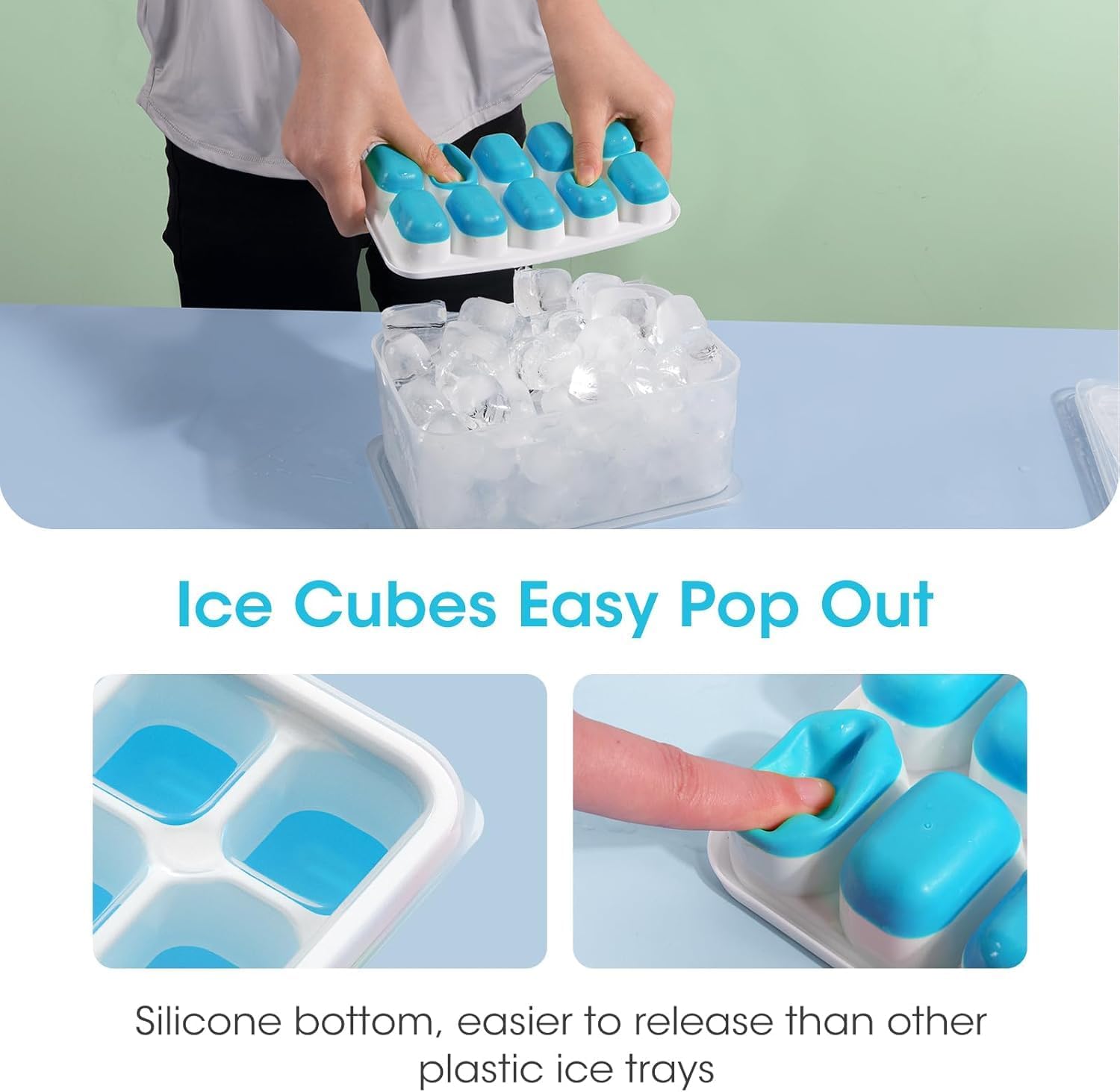 DOQAUS Ice Cube Tray with Lid and Bin - 4 Pack Silicone Ice Cube Trays for Freezer, Stackable Ice Bucket Kits with Storage Container & Scoop for Kitchen