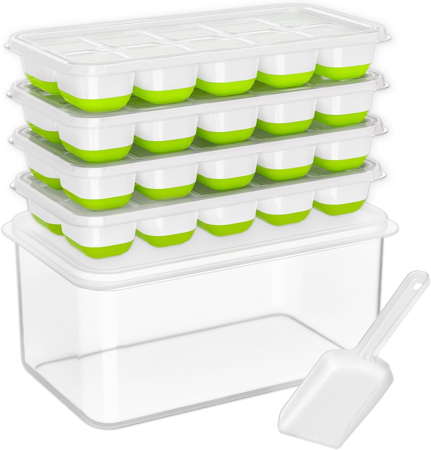 DOQAUS Ice Cube Tray with Lid and Bin - 4 Pack Silicone Ice Cube Trays for Freezer, Stackable Ice Bucket Kits with Storage Container & Scoop for Kitchen