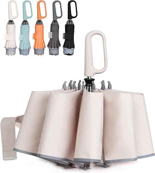 QWB Inverted Umbrella with Carabiner Handle, Compact Wind Proof Umbrellas For Rain and Sun Protection, Portable Reverse Folding Umbrella, Car Umbrella for Women Men, 10 Ribs