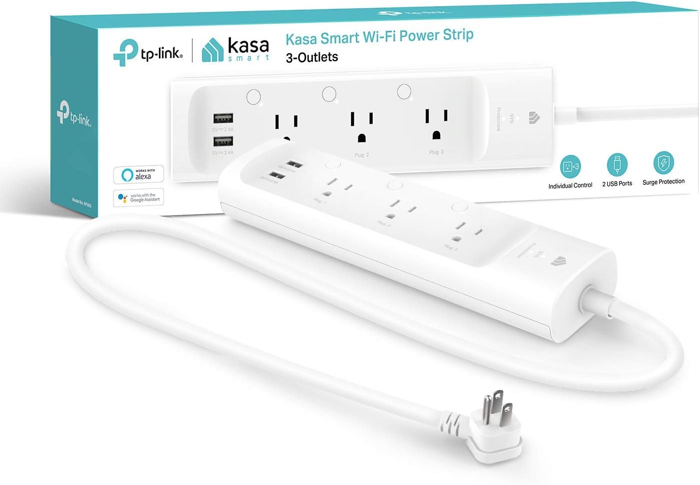 kasa smart Plug Power Strip KP303, Surge Protector with 3 Individually Controlled Smart Outlets and 2 USB Ports, Works with Alexa & Google Home, No Hub Required , White | Surge Protector with 3 Individually Controlled Smart Outlets and 2 USB Ports