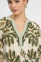 Umgee Mix Printed Puff Sleeve Top with Contrast Trim