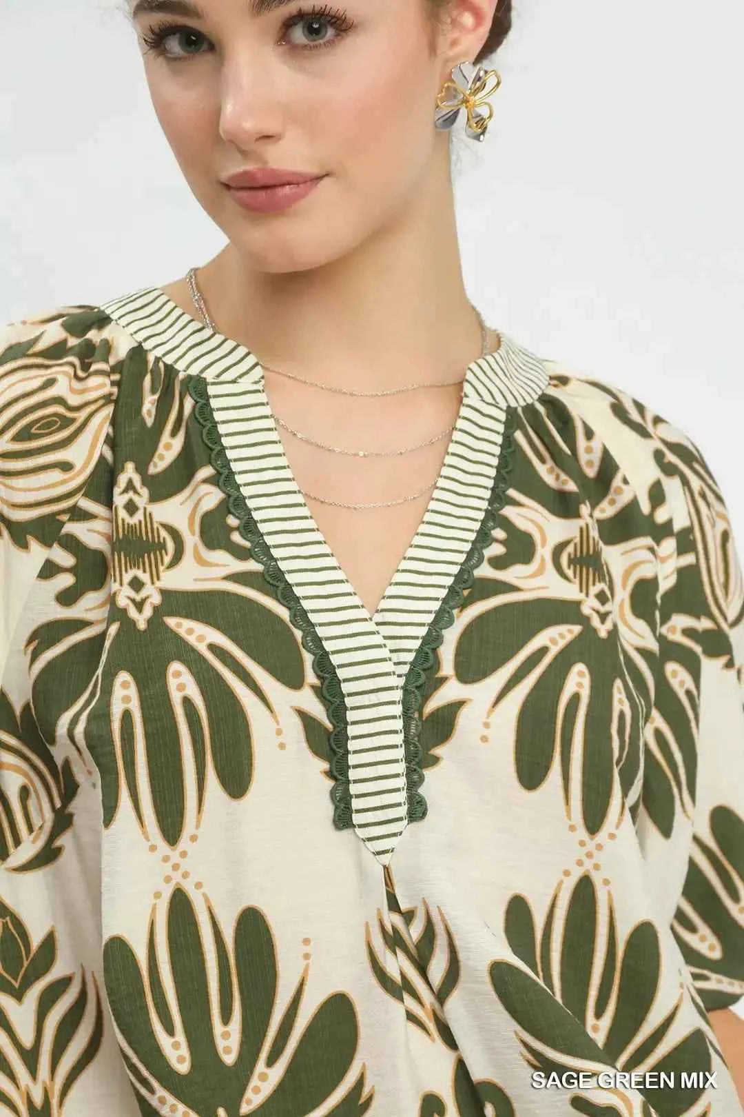 Umgee Mix Printed Puff Sleeve Top with Contrast Trim