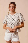 SO ME Bow Texture Woven Bubble Sleeve Top