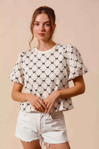 SO ME Bow Texture Woven Bubble Sleeve Top