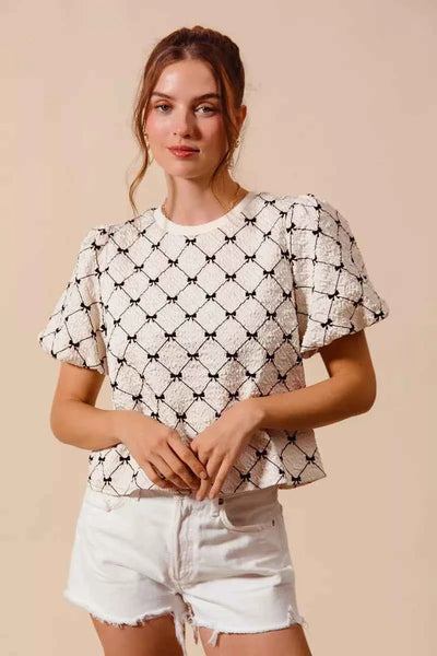 SO ME Bow Texture Woven Bubble Sleeve Top