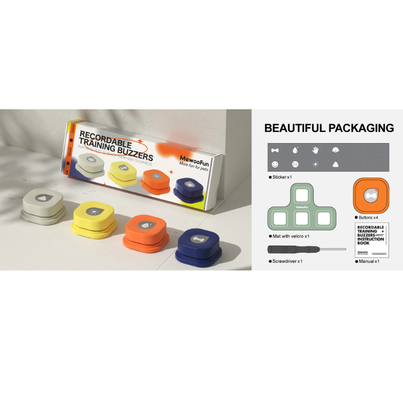 Recordable training buzzers with packaging and components on a light background