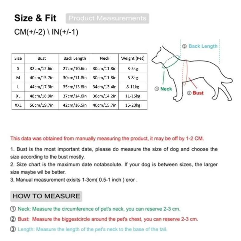 Dog size chart and measurement guide with a diagram of a dog and labeled measurements.