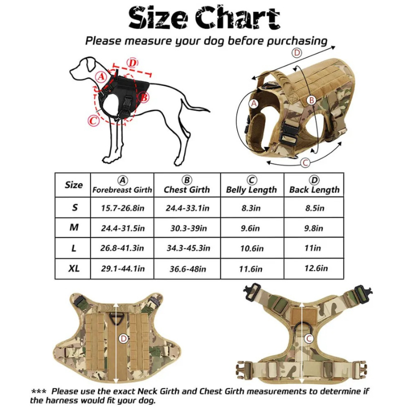 Size chart for a tactical dog harness with measurements and illustrations.