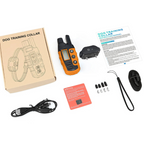 Dog training collar set with packaging, remote, receiver, and accessories on a white background