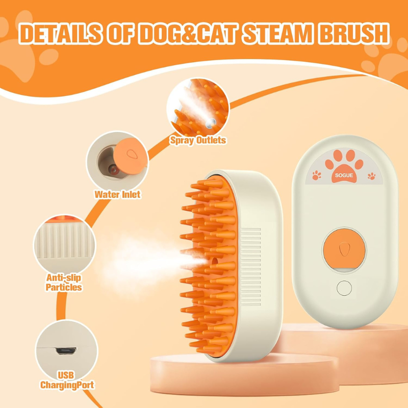 Dog and cat steam brush with labeled features on an orange background