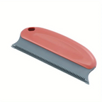 Pet grooming brush with red handle and gray bristles on a white background