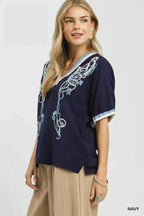 Umgee Embroidered Floral V-Neck Short Sleeve Blouse with Contrast Trim