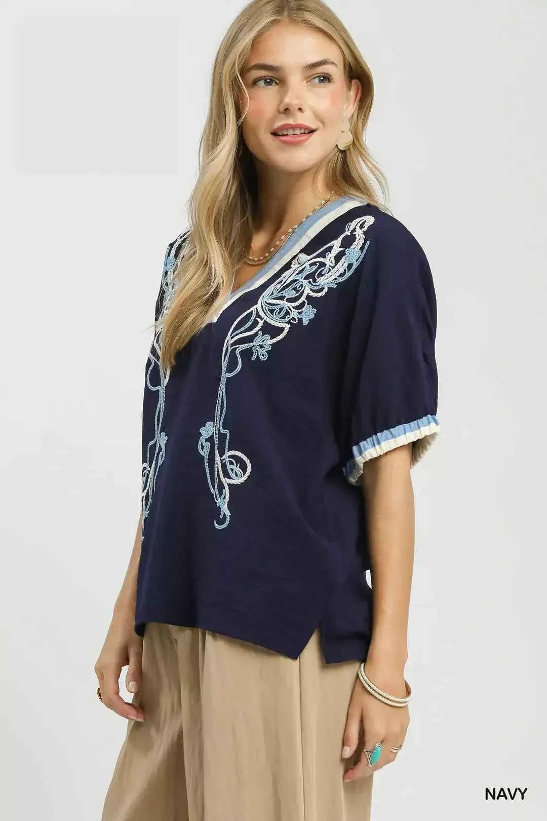 Umgee Embroidered Floral V-Neck Short Sleeve Blouse with Contrast Trim