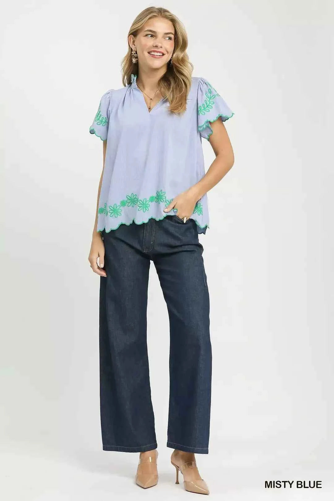 Umgee Embroidered Scallop Top
