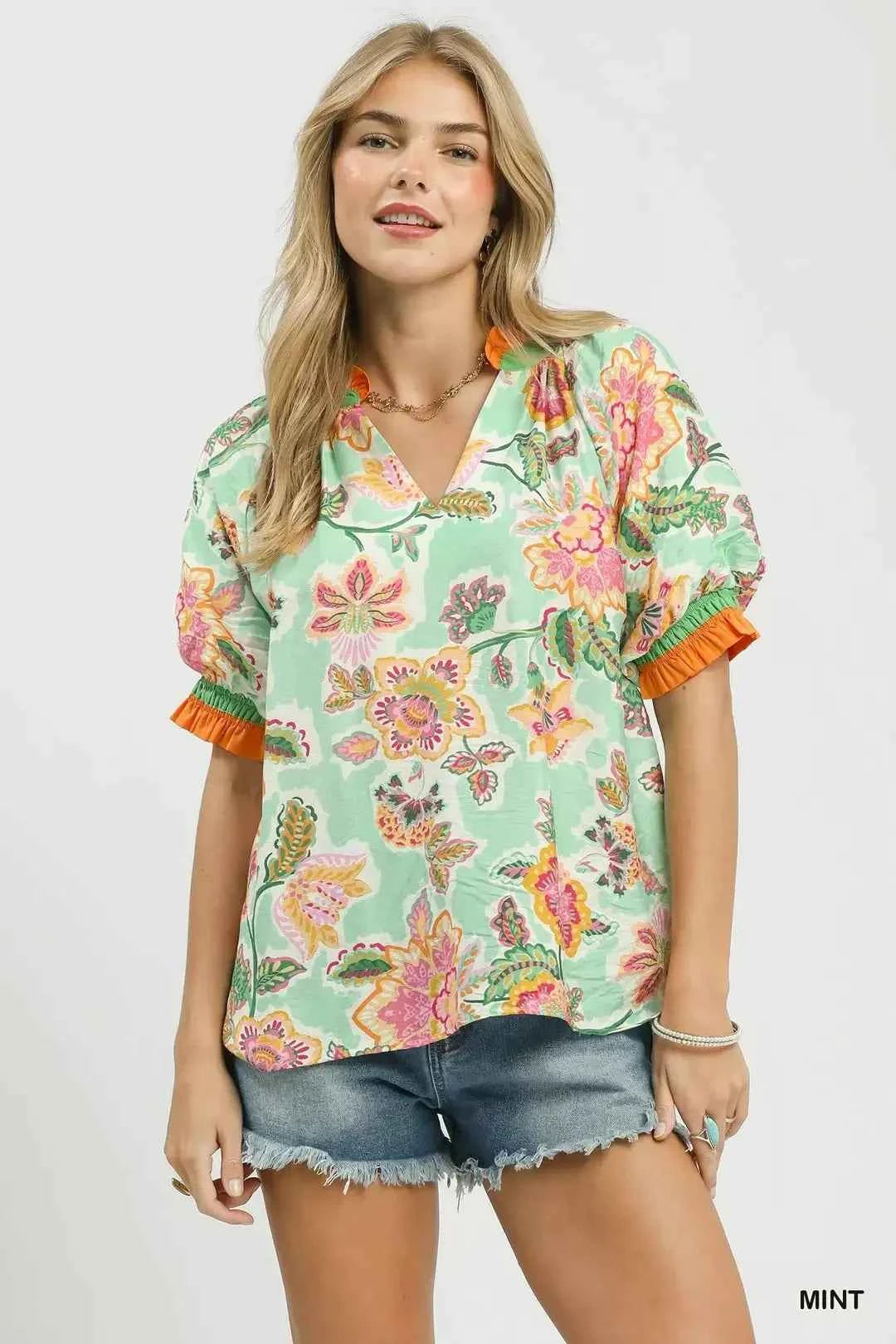 Umgee Floral Print Ruffled Short Sleeve Top