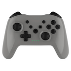 Gray gaming controller with black buttons on a white background